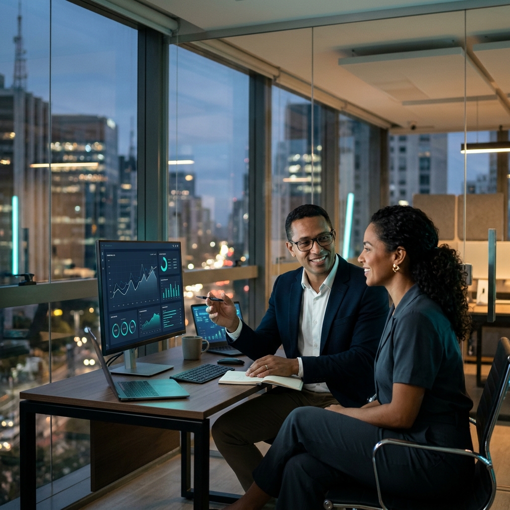 Equipe executiva analisando indicadores em sistema empresarial desenvolvido pela BRISCON